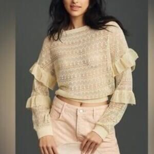 Anthropologie Sweater Women Ivory Sheer Open-Stitch Ruffle Fairycore Cottage XL